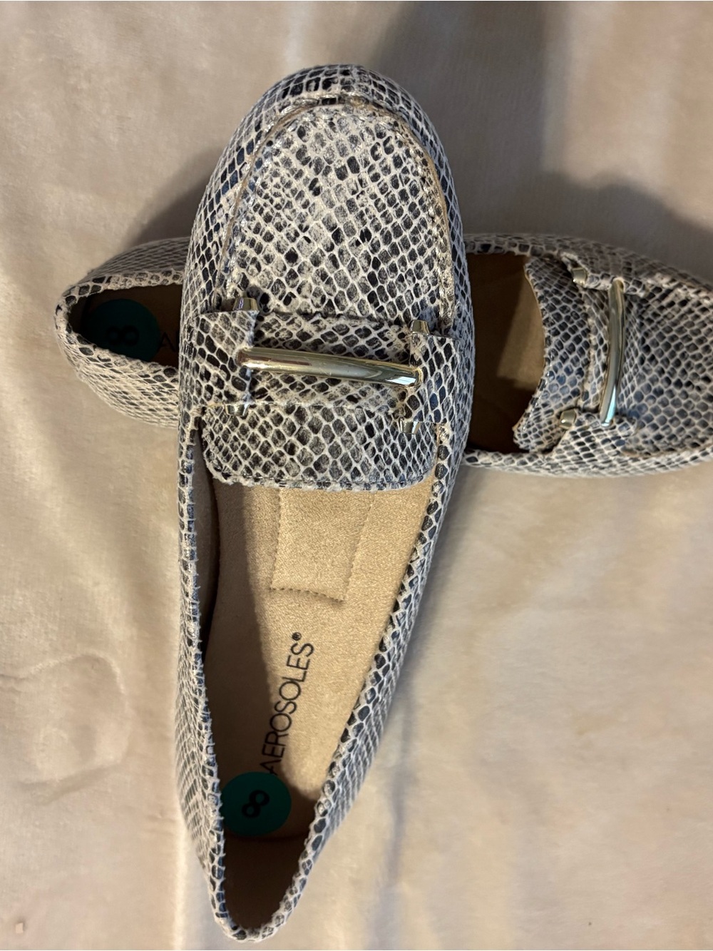 AEROSOLES Snake-Print Loafers in Gray and White with Metal Bit